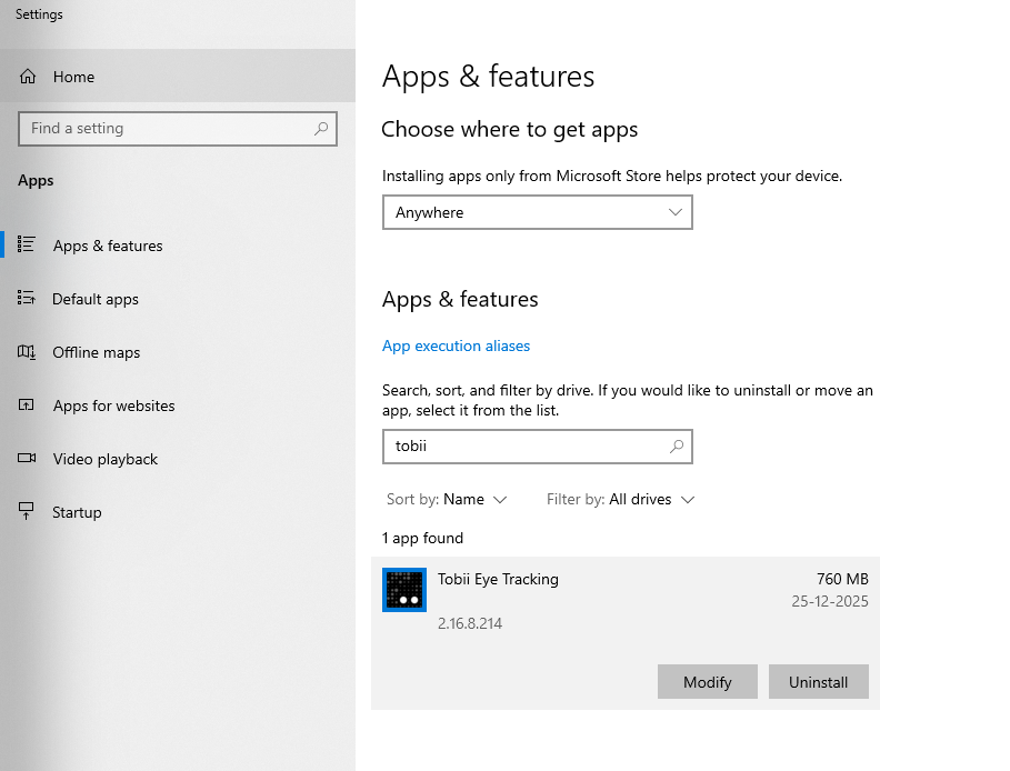 Apps & Features showing Tobii Eye Tracking installed