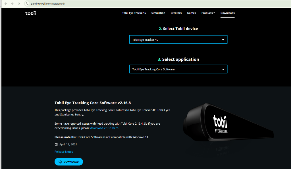 Tobii download page