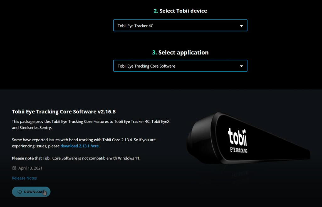 Tobii Download Page - Select Eye Tracker 4C and Core Software