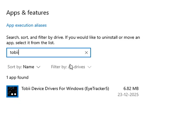 Apps & Features - Tobii Driver Installed