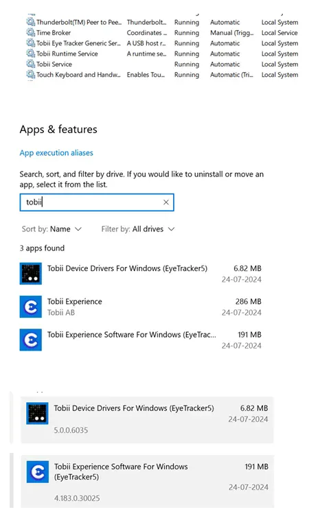 Tobii Installed Apps and Services